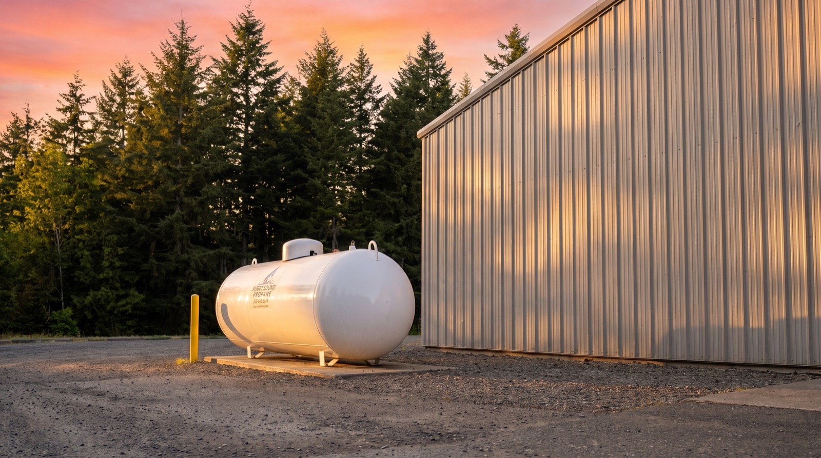 A bulk propane tank supplying a commercial facility at dusk