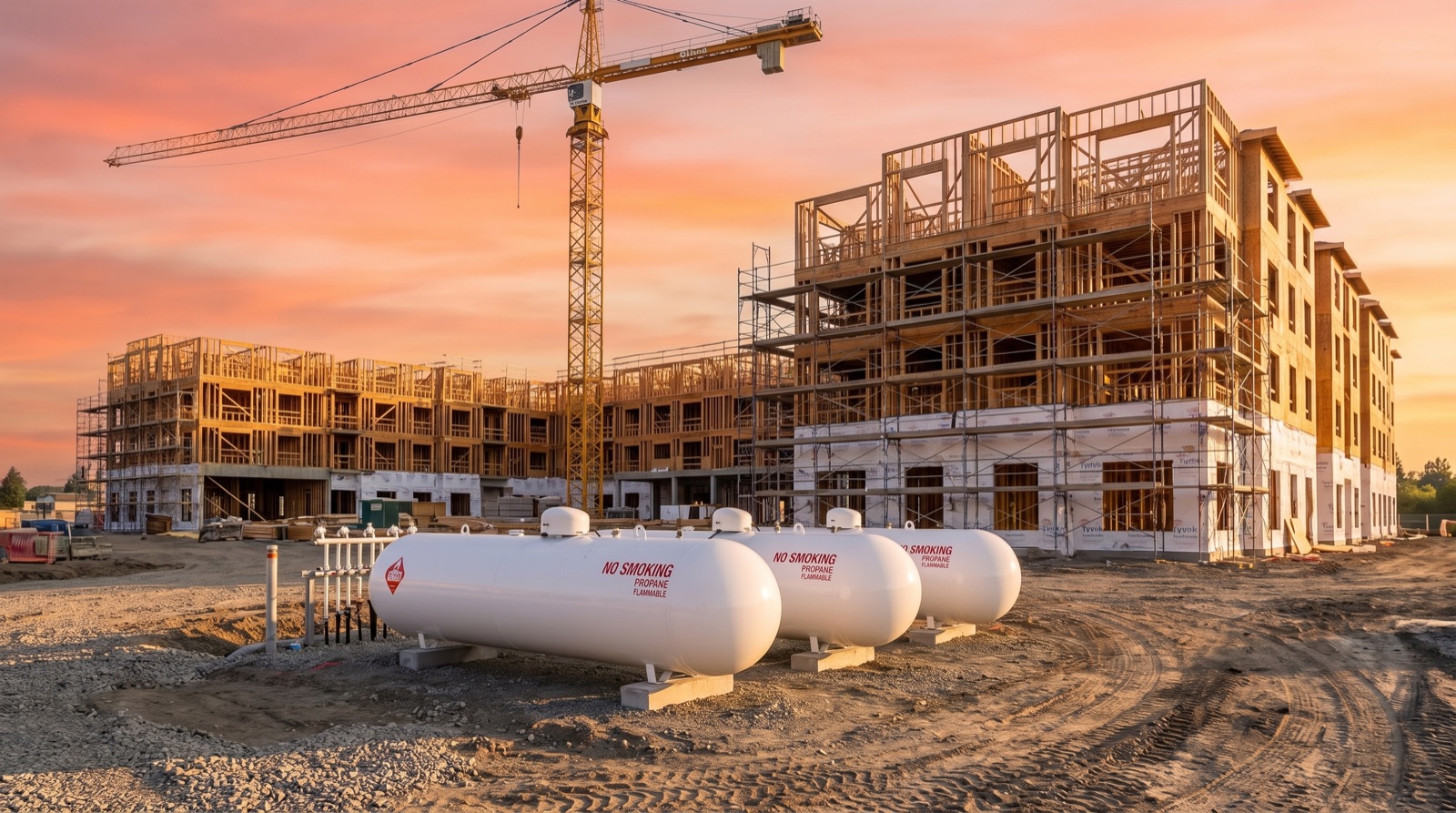 Bulk propane tanks on a construction site with a tower crane and a building under construction at sunset