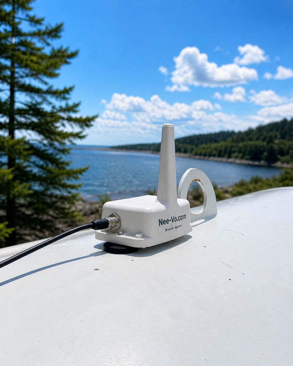 Nee-Vo wireless propane tank monitor mounted on a tank, overlooking a Puget Sound lake