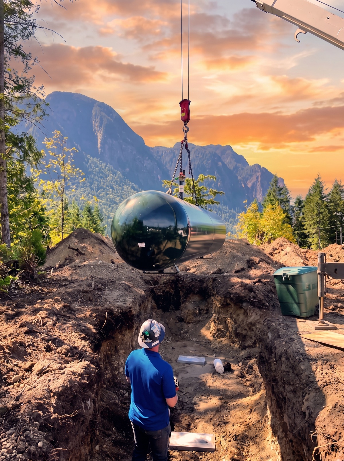 An underground propane tank being craned into an excavated pit at a Pacific Northwest home site at sunset