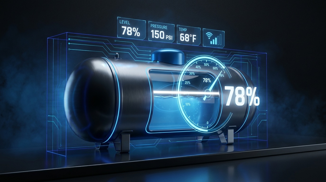 Futuristic dashboard showing a propane tank filled to 78 percent, with live level, pressure, and temperature readouts